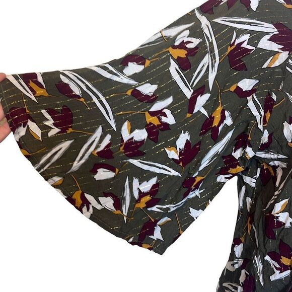 Zinzane Small Green Purple Floral Silver Metallic Stripe V Neck Crop Top Blouse - Picture 4 of 8